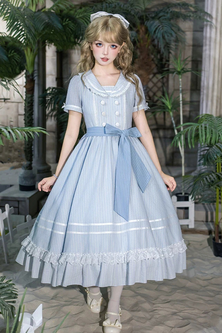 Sweet Lolita Dress with Printed Ruffled Bow and Navy Collar - Blue