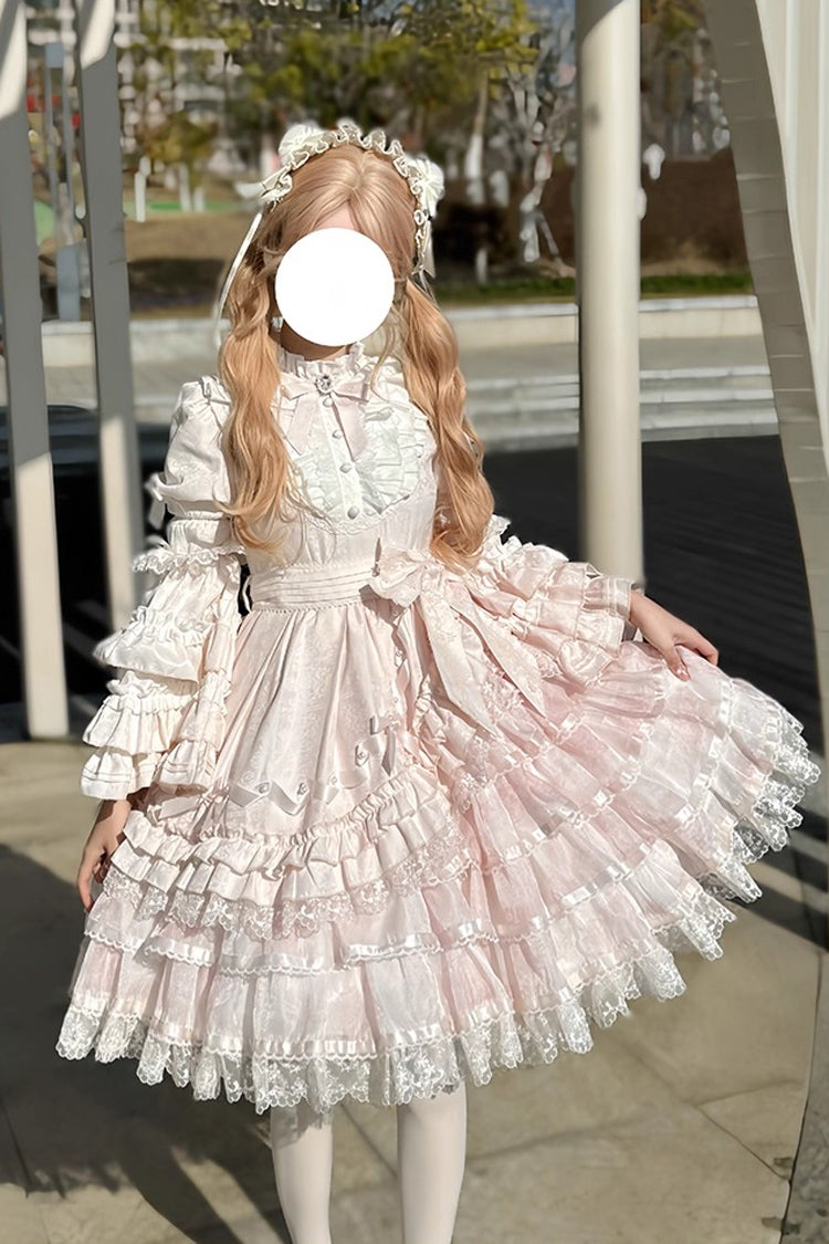 Pink Soloist Doll Long Hime Sleeve Multi-Layer Print Ruffle Bow Asymmetrical Sweet Lolita