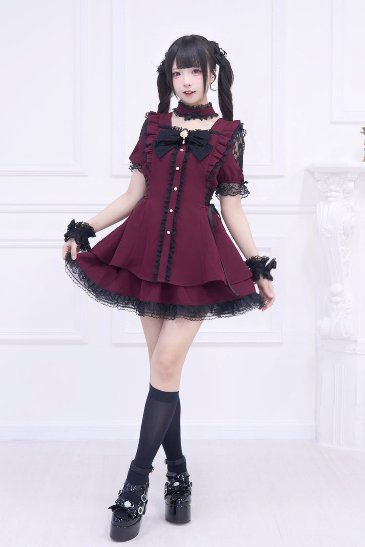 Crimson Waltz Ruffled Bow Gothic Jirai Dress Ensemble