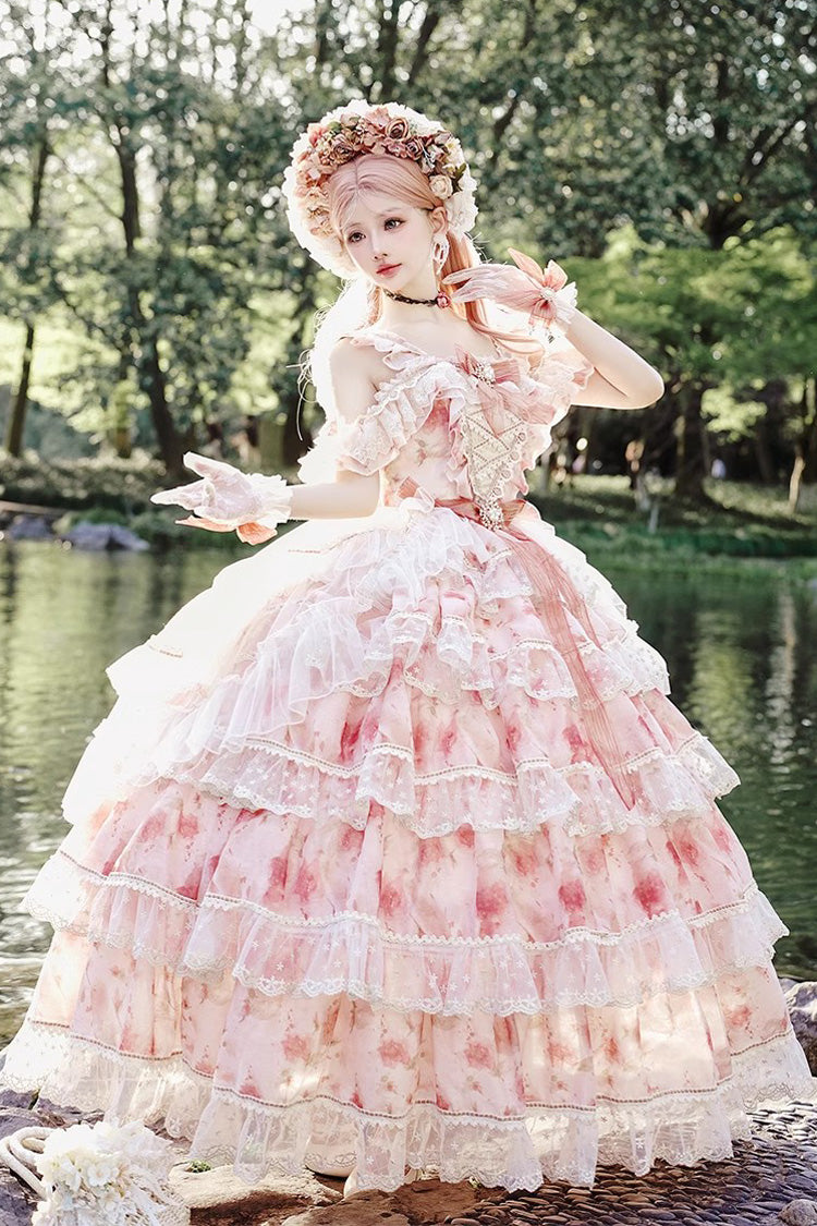 Pink Off-Shoulder Princess Dress with Rose Print and Ruffles