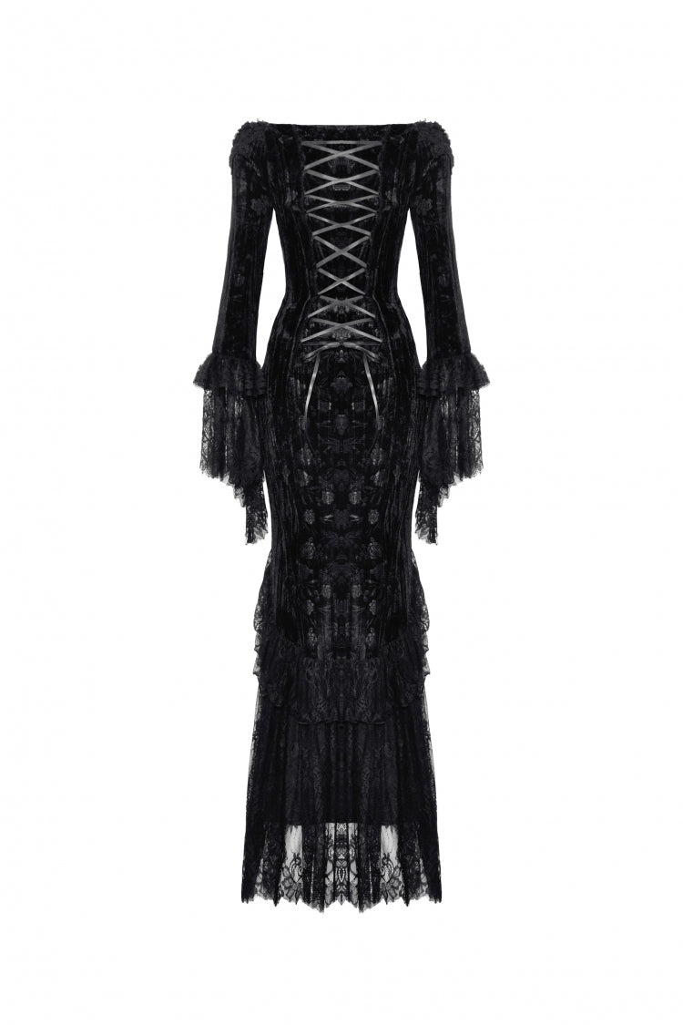 Off Shoulder Lace Long Trumpet Sleeves Lace-Up Gothic Bodycon Dress