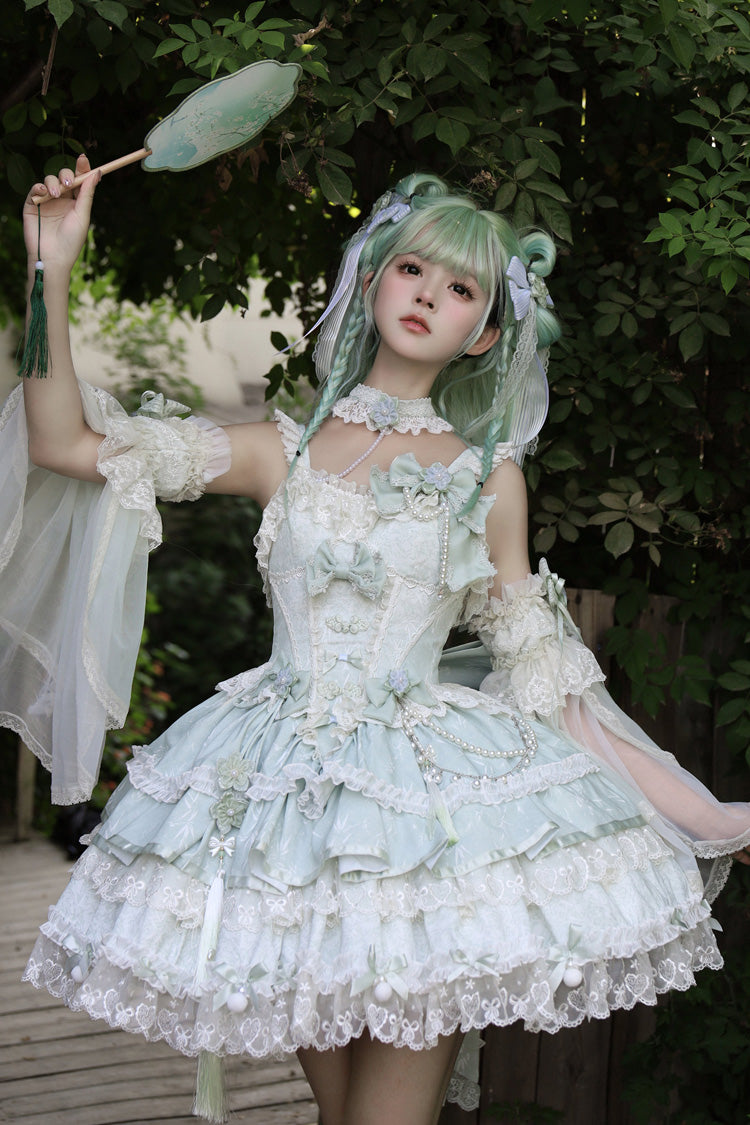 Jacquard Square Collar Sleeveless Layered Cherry Lace Pearl Bow Lolita JSK
