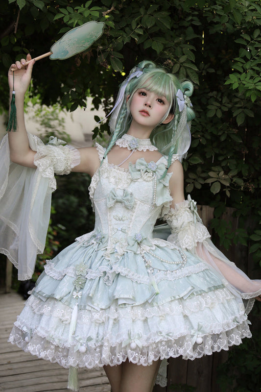 Jacquard Square Collar Sleeveless Layered Cherry Lace Pearl Bow Lolita JSK