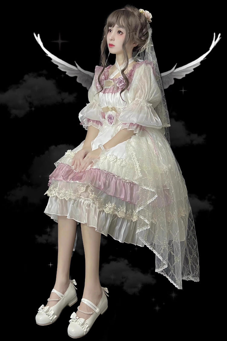 Long Sleeve Multi-Layer Ruffle Bow Lace Lace-Up Sweet Princess Lolita Dress - Purple