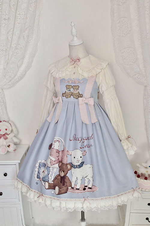 Royal Blue Sheep and Bear Print Sweet Lolita Jumper Dress with Bow