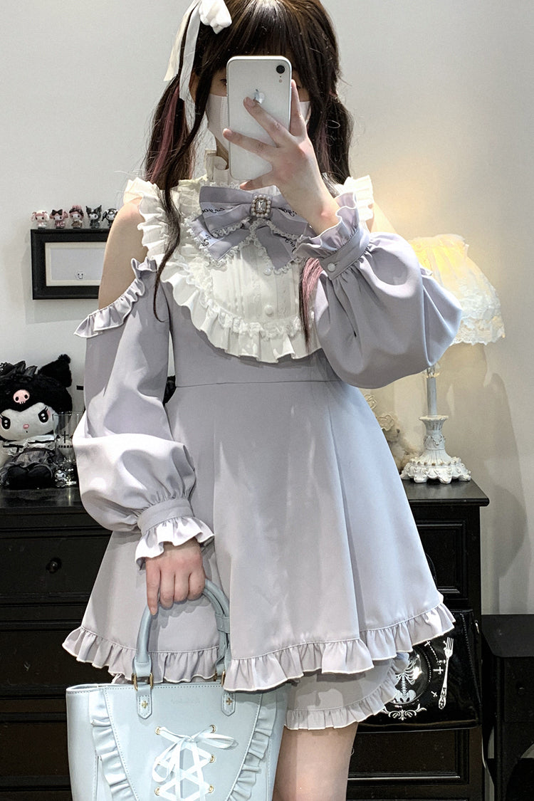 Light Blue [Rose Princess] Off Shoulder Long Sleeve Ruffle Bowknot Gothic Jirai Kei Gown