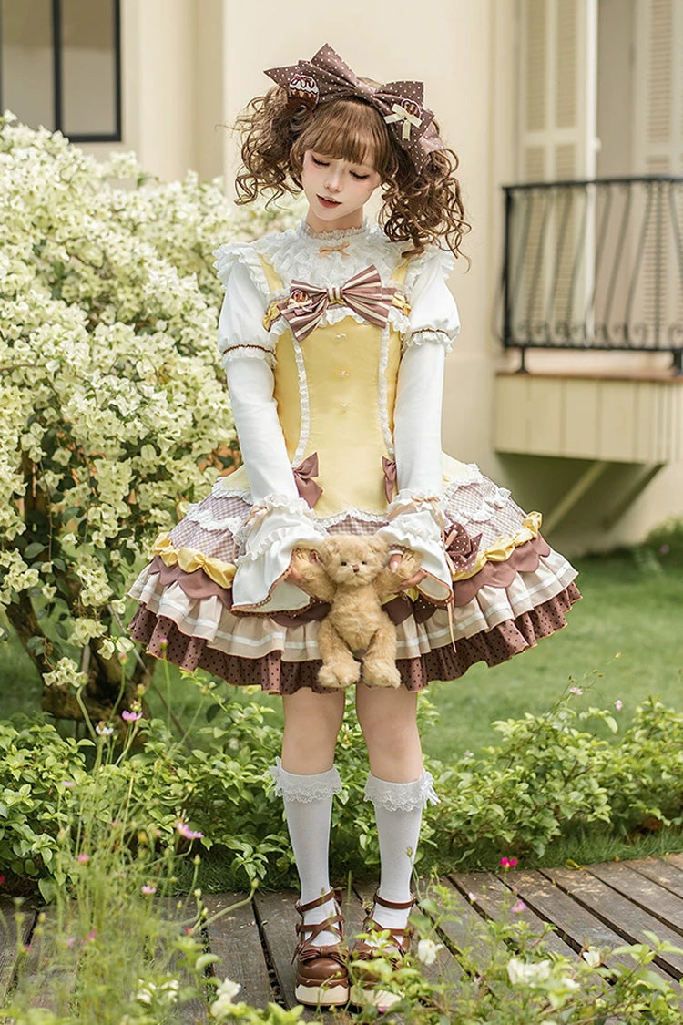 Polka Dot Cake Multi-Layered Printed Ruffled Bow Sweet Lolita JSK - Yellow/Brown