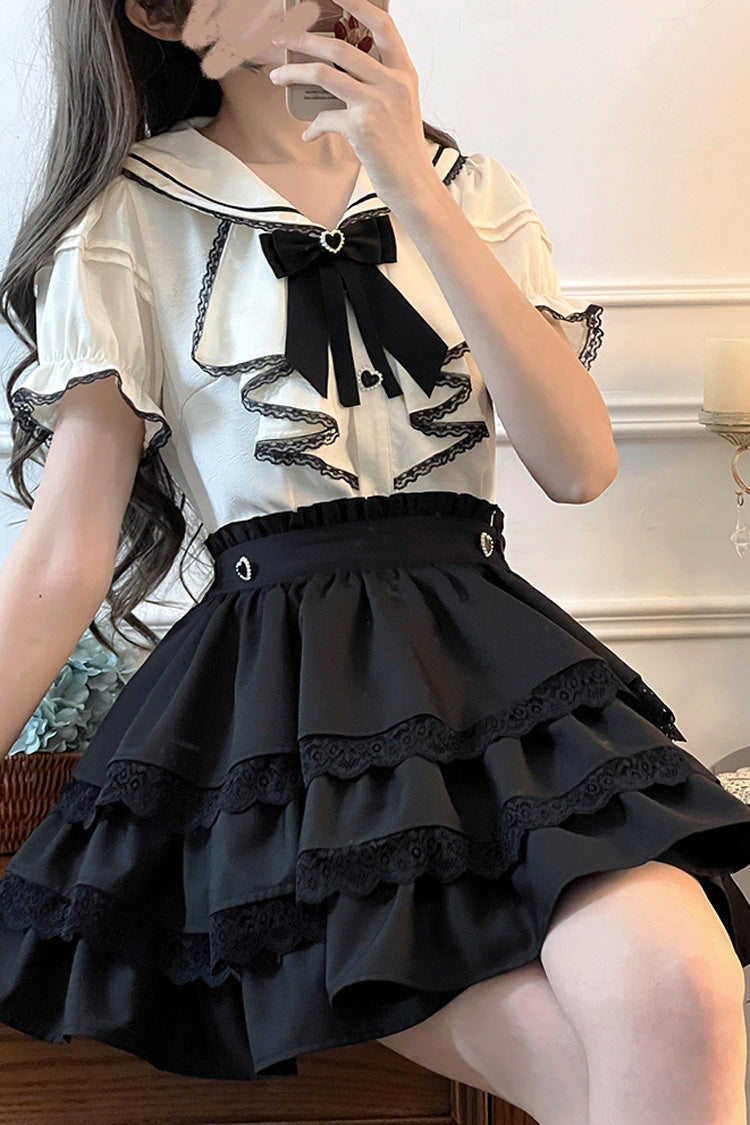 Sailor Collar Multi-Layered Ruffle Bowknot Jirai Kei Skirt Set - Black/White