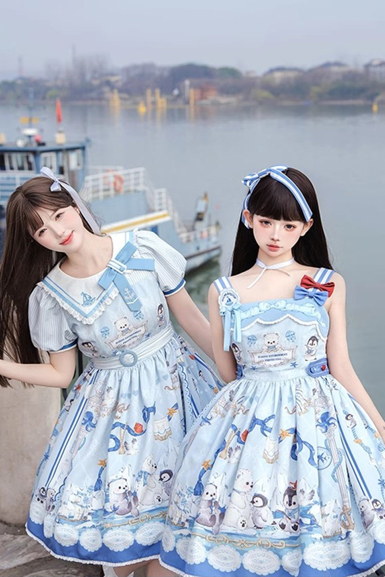 Penguin Navy Print Ruffle Bow Princess JSK Dress in Blue
