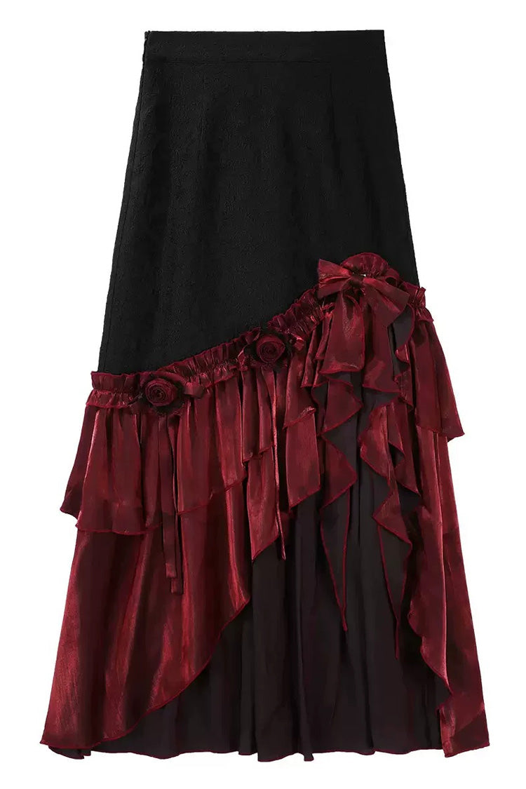 Black/Red Embroidered Lace-Up Gothic Skirt Set with Ruffles