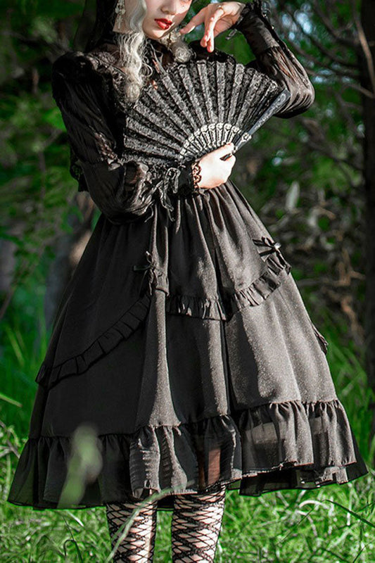 Black Hollow V Neck Gothic Lolita Dress Long Sleeves Bowknot Ruffled - Altfashion Shop