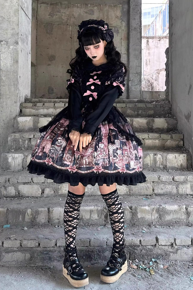 Black Missing Lamb Printed Long Sleeved Ruffled Bow Lace Gothic Lolita Dress