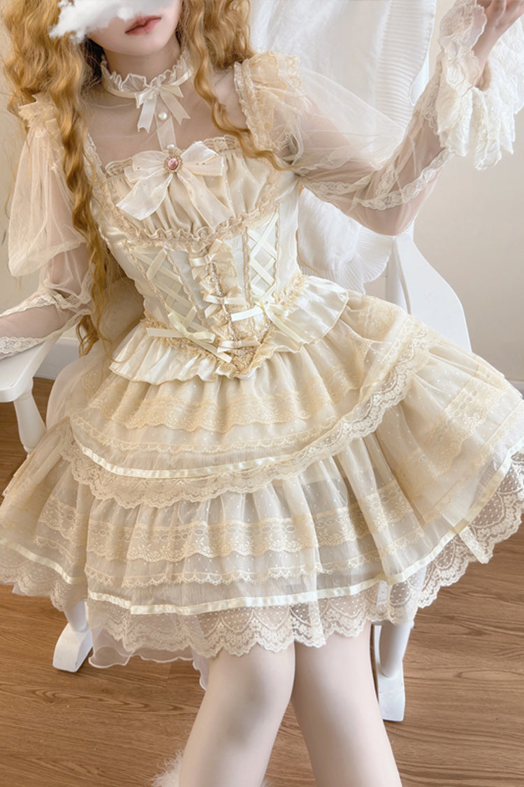 Apricot Sweet Ballet Lolita Skirt Set with Double-Layer Bowknot Lace and Elegant Style