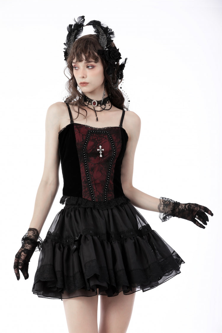 Dark Red Cross-Strap Jacquard Gothic Overbust Corset
