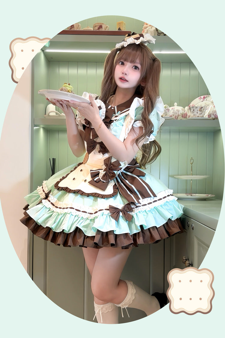 Cookies Short Sleeved Ruffled Sweet Lolita Tiered Dress - Maid Style