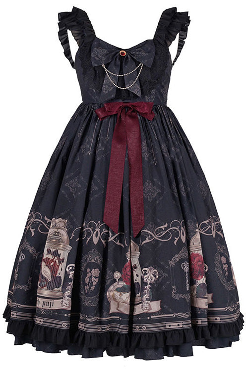 Strapless Gothic Lolita JSK with Rose Print and Bowknot Ruffles