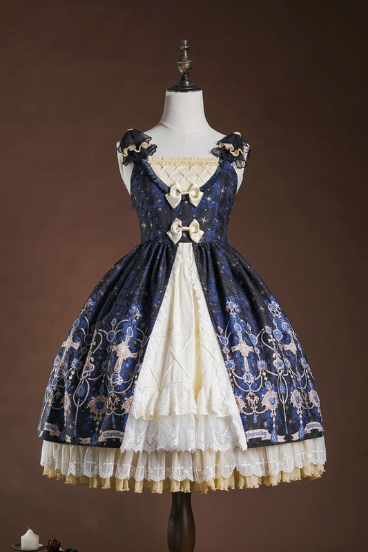 Blue White Triple-Layered Print Ruffle Hot Stamping Cardigan Bowknot Elegant JSK Dress