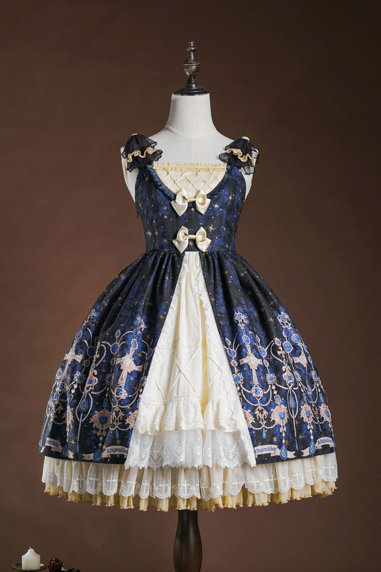 Blue/White Stone of Eden Triple-Layer Print Ruffle Ribbon Lace Elegant Girly Lolita JSK Gown