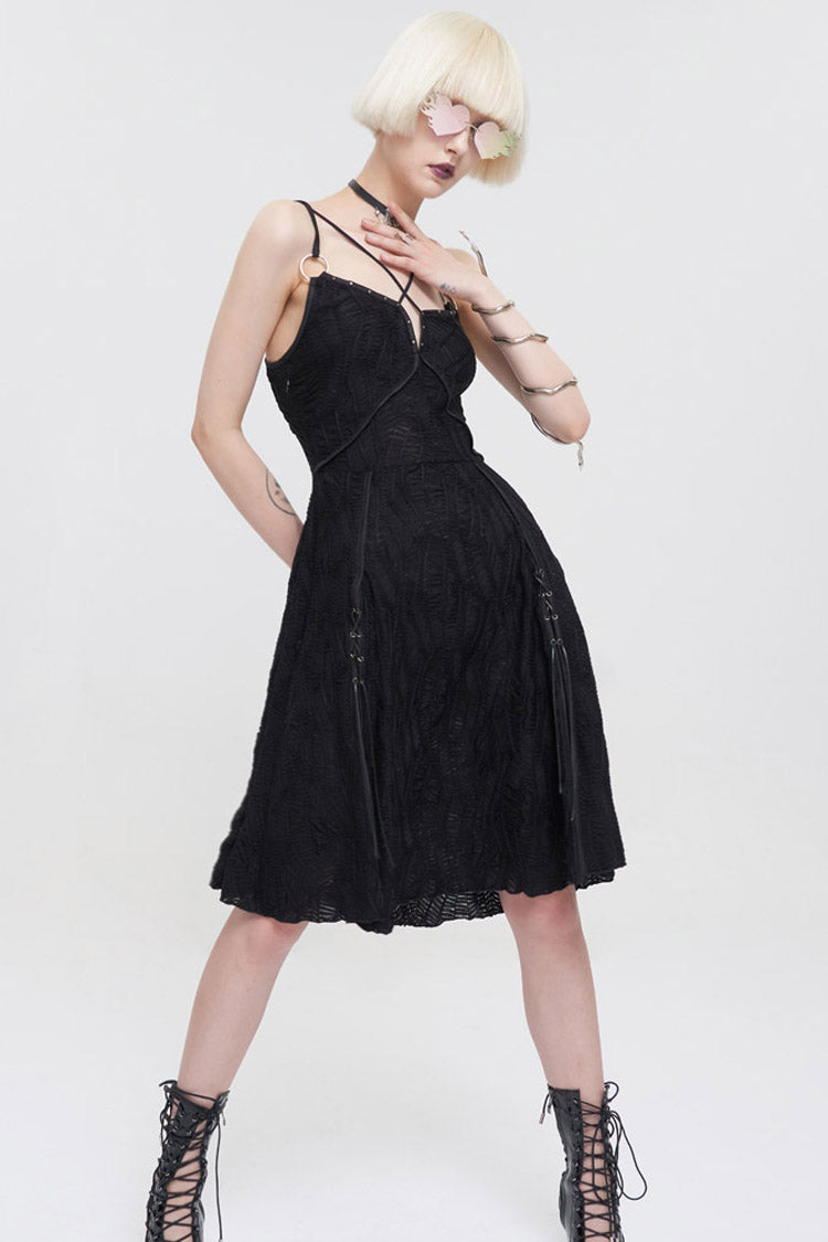 Suspenders Slit Hem Wave Stretch Fabric Punk Dress