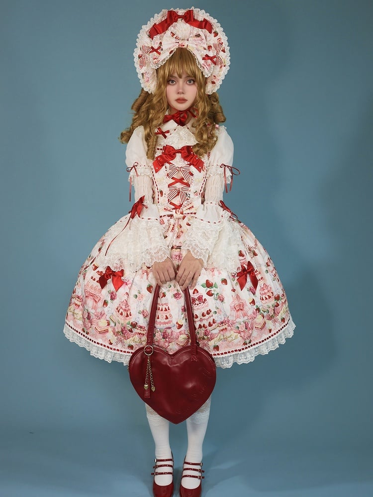 and Sweet Full Bow Desserts Lolita Set Print White / JSK Accents Strawberry