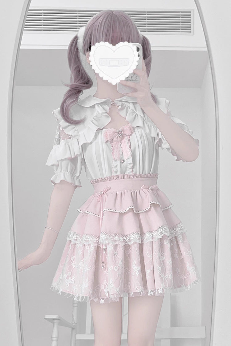 Pale Pink & White Short-Sleeve Triple Ruffled Bow Lace Jirai Kei Skirt Ensemble