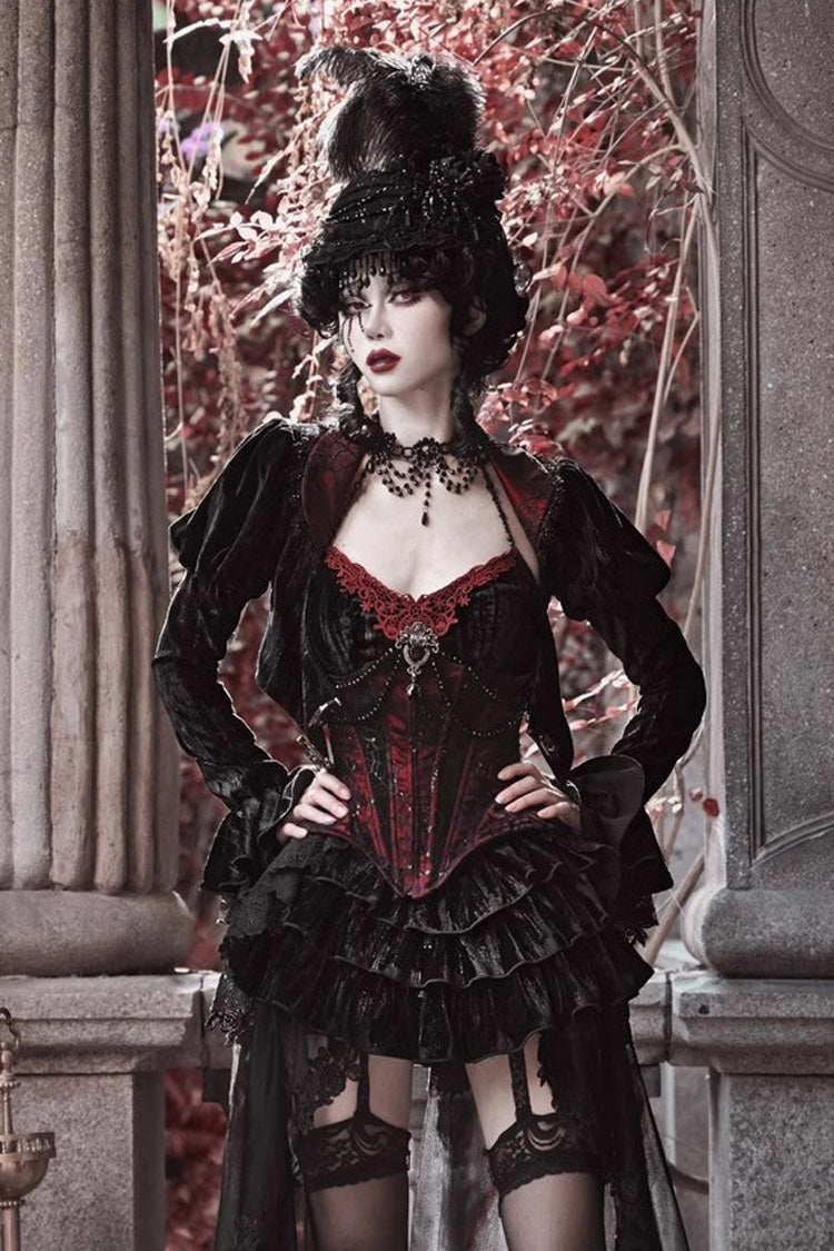Crimson & Black Rococo Boned Bustle with Ruffled Layers