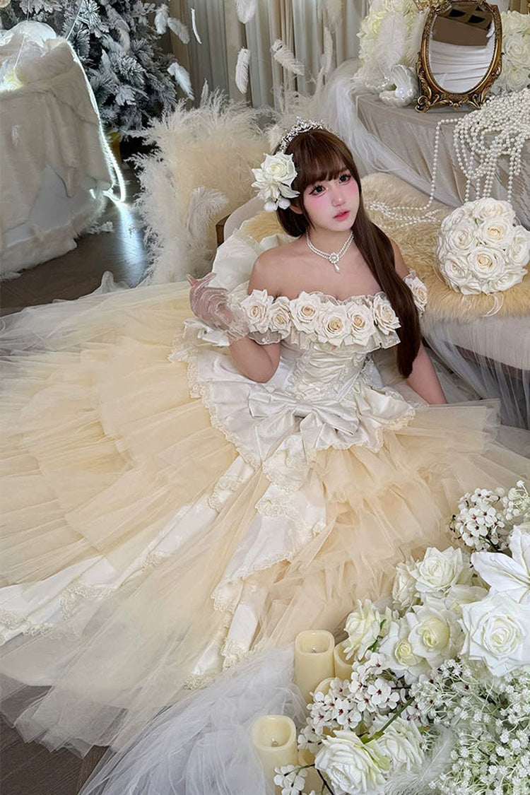 Apricot Sweet Lolita JSK Long Dress with Ruffled Hanayome Bow Lace-Up and Sleeveless Design