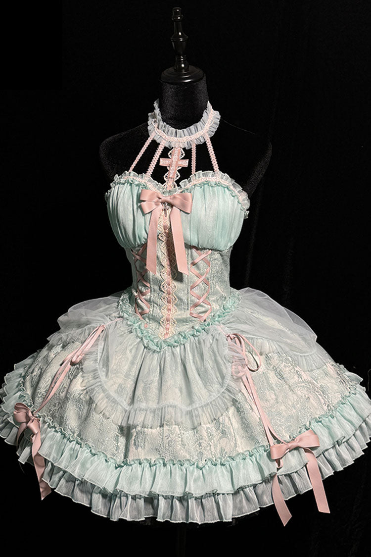 Green Cross Halterneck Lace-Up Sweet Lolita Dress - Ruffled Bowknot Lace