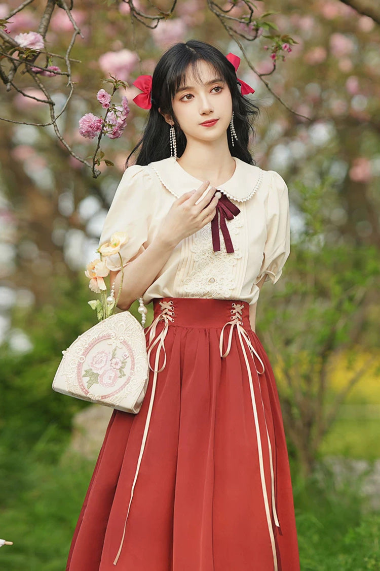 Lapel Collar Short-Sleeve High-Waisted Lace-Up Wave Hem Lolita Two-Piece Set, 7 Colors