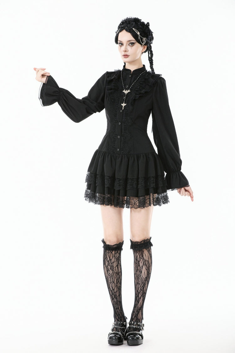 Jet-Black Lace-Up Dress with Bishop Sleeves and Layered Hem