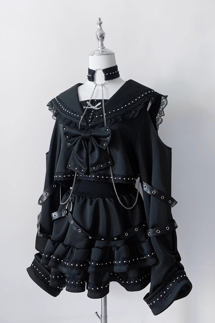 Black Gothic Studded Ruffle Bow Navy-Collar Jirai Kei Top & Skirt