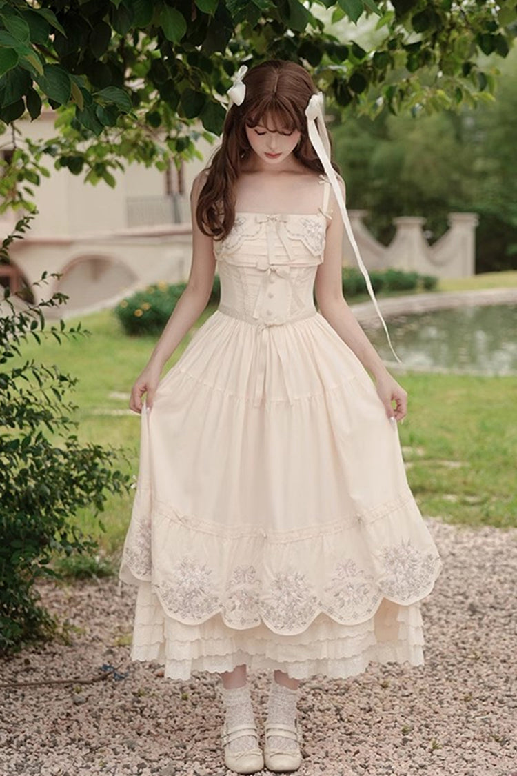 Apricot Princess Lolita JSK Dress with Triple-Layer Ruffles Embroidery Bowknot and Lace
