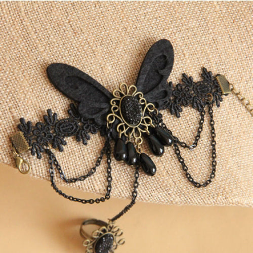 Gothic Lolita Retro Black Lace Ring and Bracelet Jewelry Set