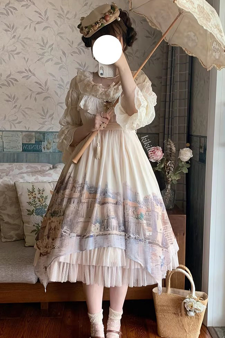Irregular Apricot Layered Print Sweet Lolita JSK Dress