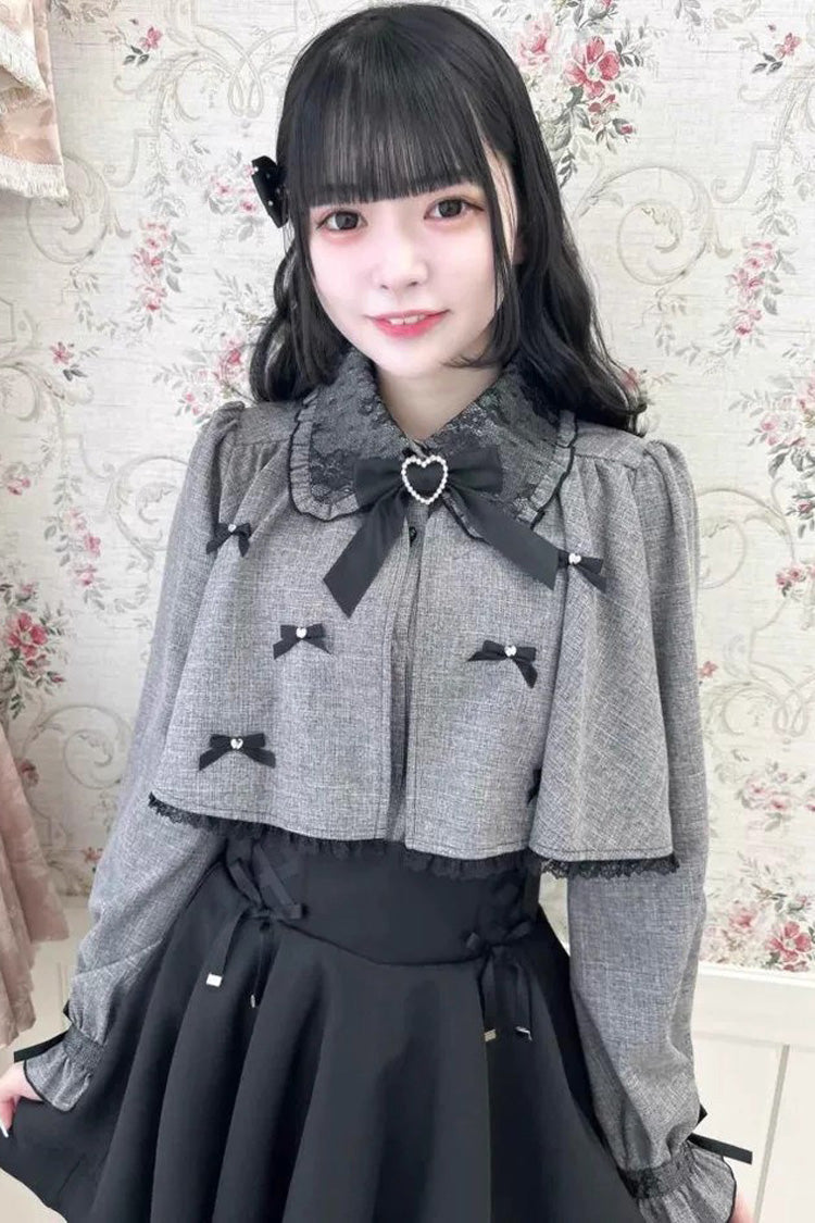 Grey Lapel Collar Long Sleeves Bowknot Sweet Japanese Jirai Kei Blouse Coat