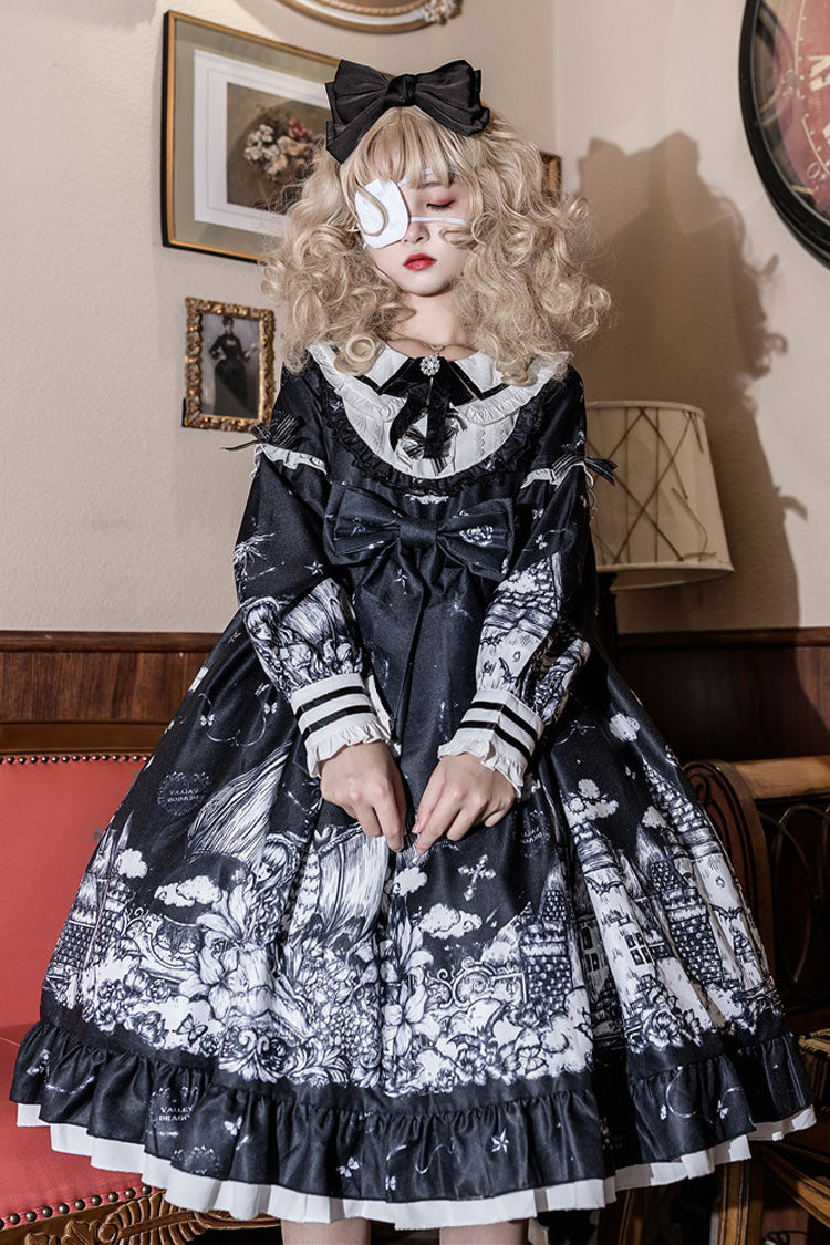 Long-Sleeve Ruffled Bow Gothic Dress in Black