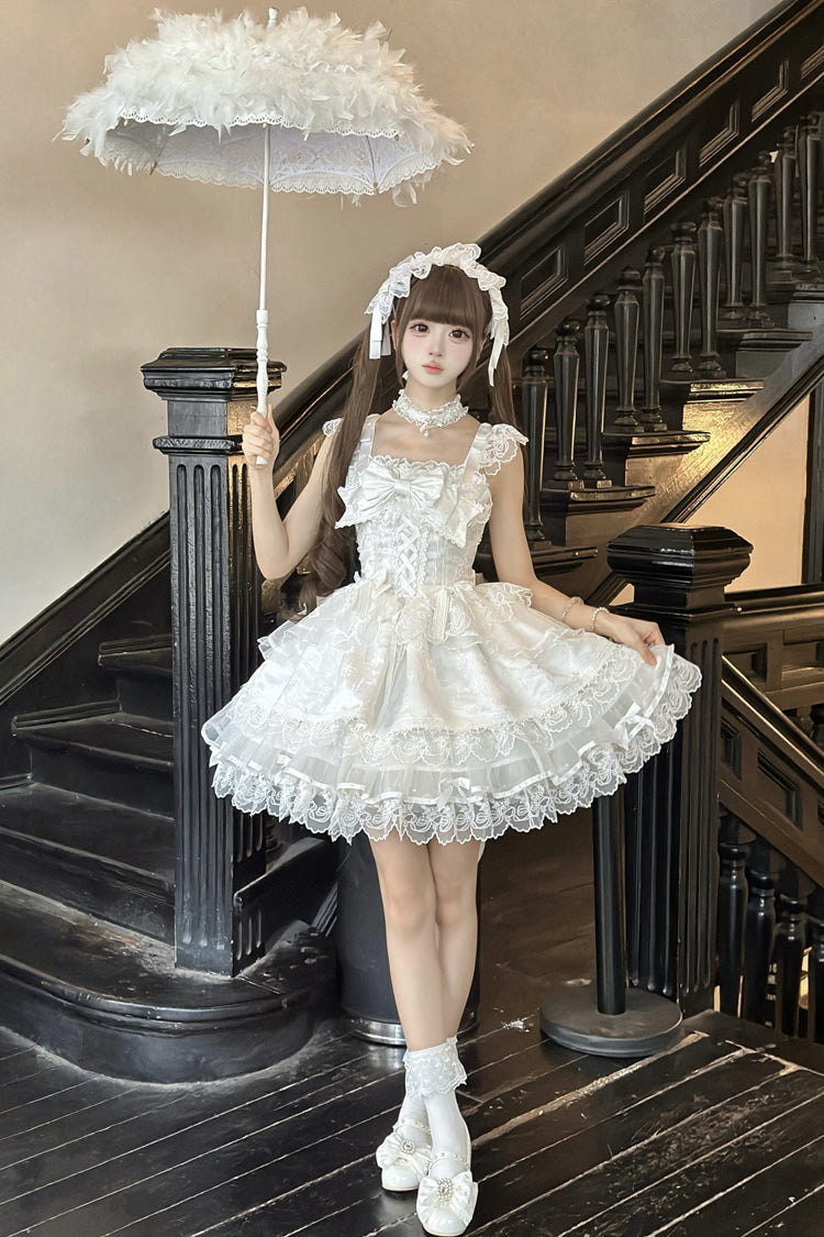 Ivory Sleeveless Ruffle Bow Lace Slim Sweet Ballet JSK