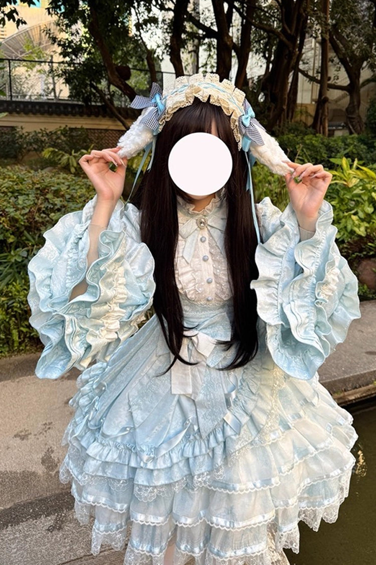 Blue Soloist Doll Long Hime Sleeve Multi-Layer Print Ruffle Bow Asymmetrical Sweet Lolita