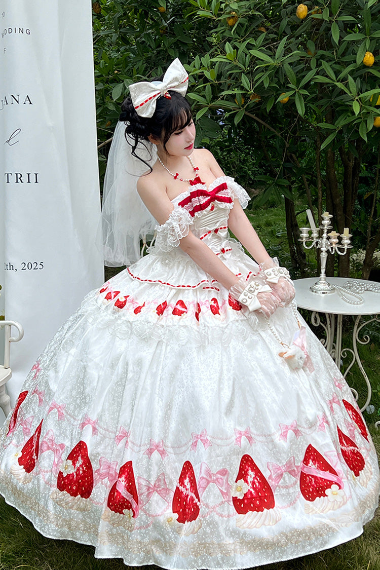 Ivory Off-Shoulder Strawberry Print Dress Set with Ruffles - True Love Strawberry