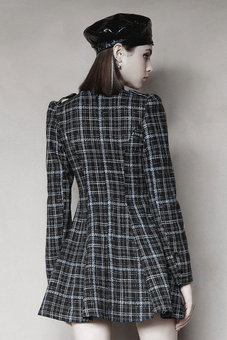 Checked Wool Velvet Bow Detail V-Neck Tie Punk Dress