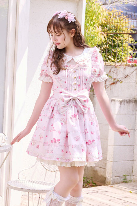 Pink Creamy Berry Print Puff Sleeve Ruffle Bow Lace-Up Sweet Jirai Kei Dress