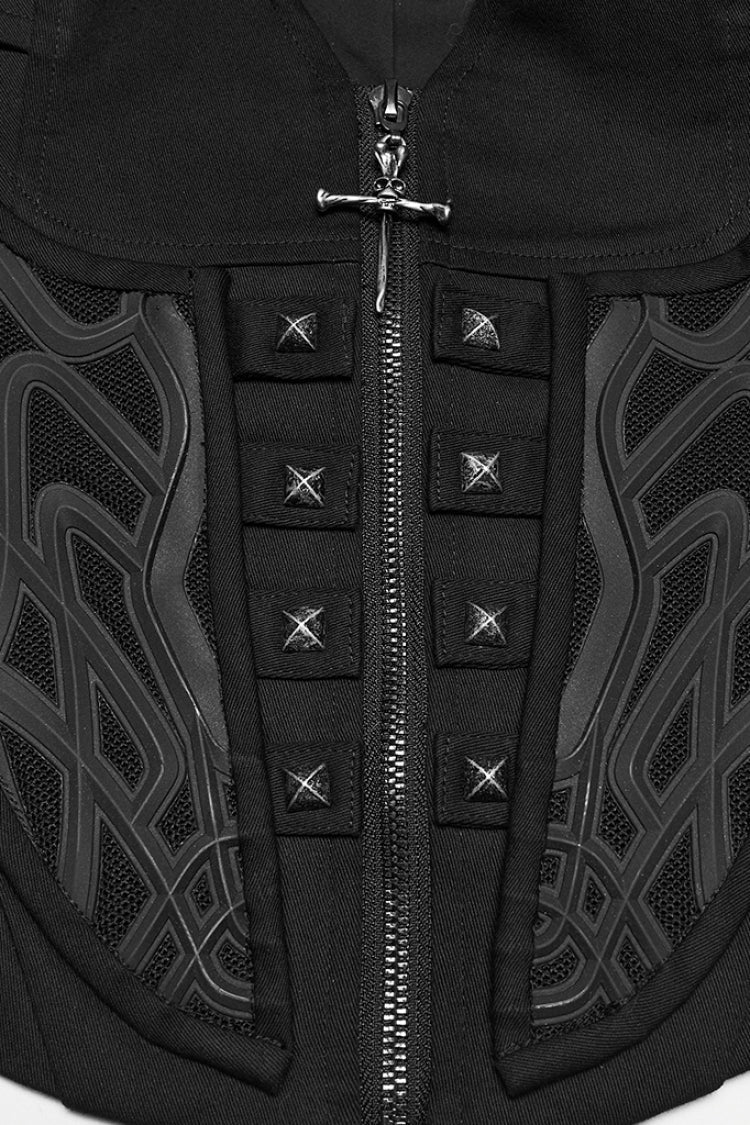 Embossed Studded Zippered Punk Sleeveless Vest with V-Neck