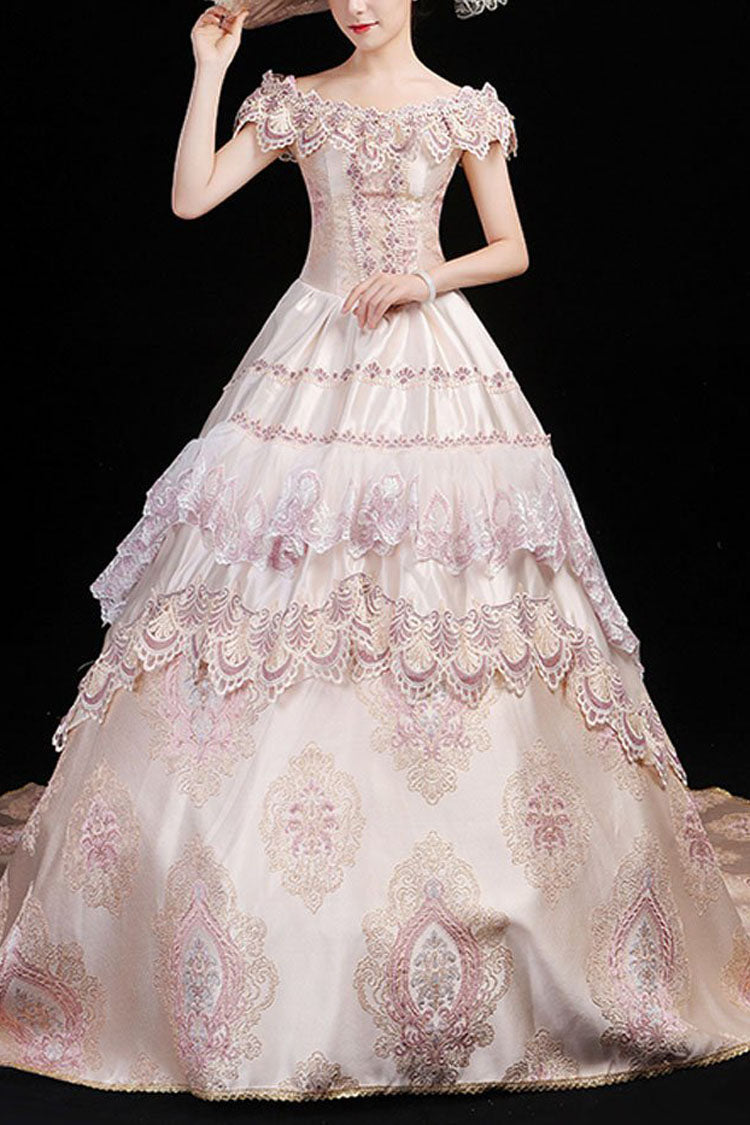 Victorian Floral Embroidered Boat-Neck Gown