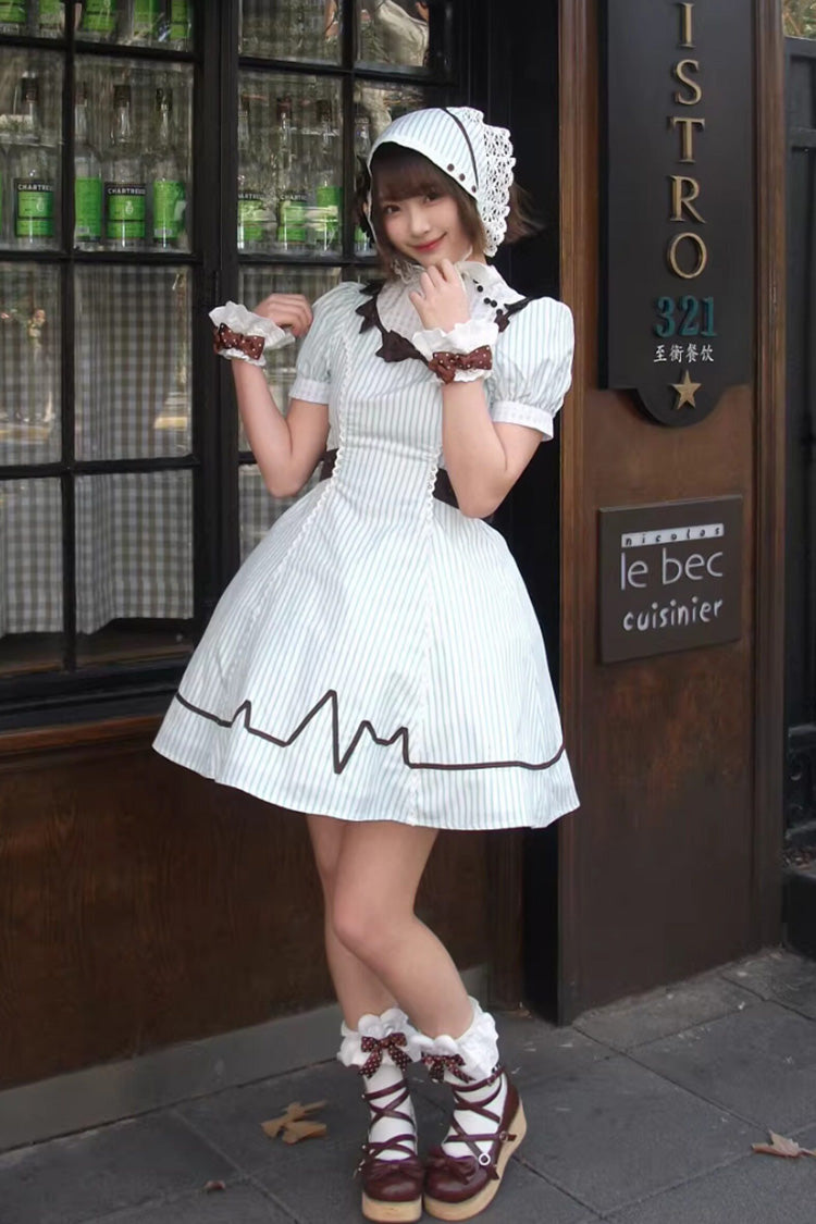 Green Striped Bow Nurse Lolita Stand-Collar