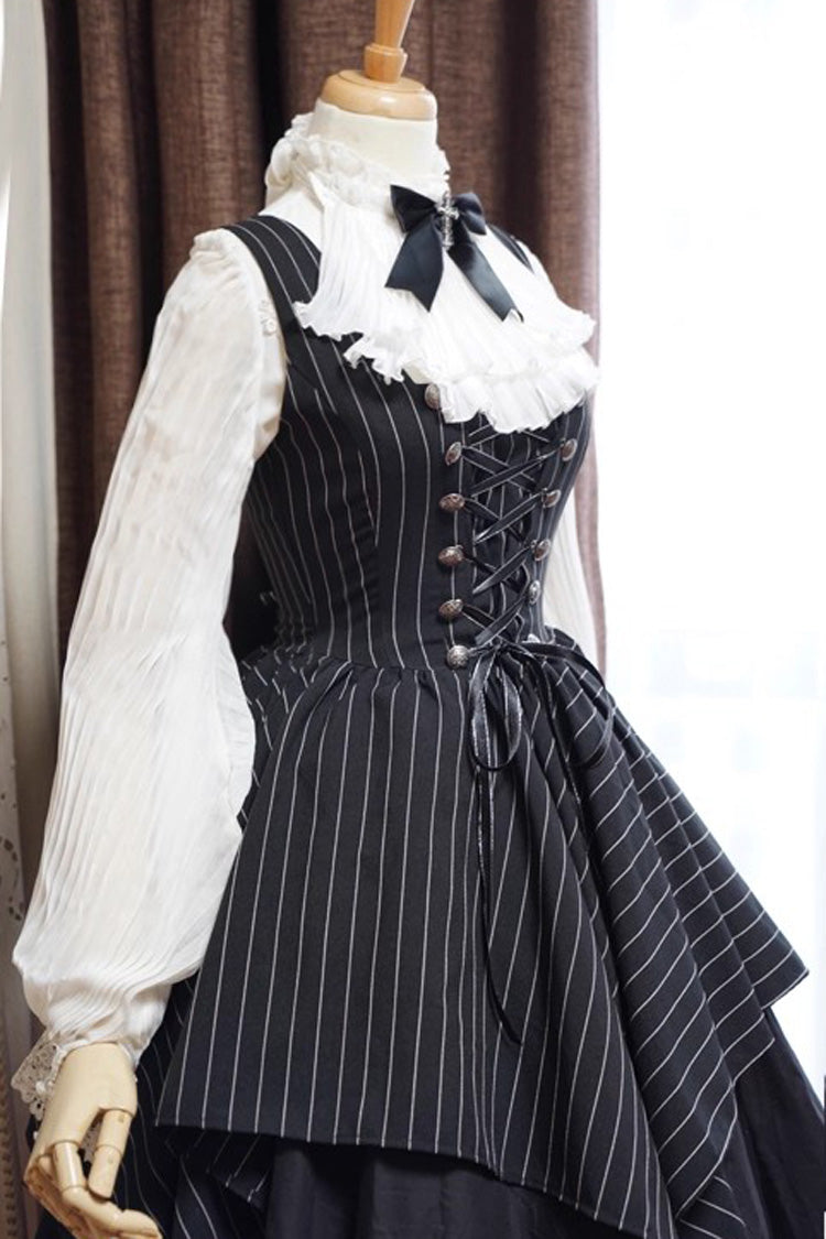 Striped Sleeveless Lace-Up Gothic Mini Dress with Asymmetric Hem