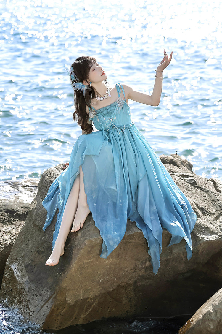 Gradient Print Irregular Hooded Sweet Lolita Jumper Dress Cloak Set - Blue