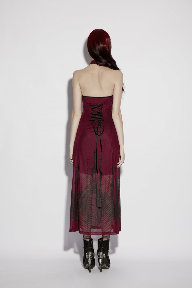Red Halterneck Sleeveless Double-Layer Church Skull Printed Lace-Up Slim Gothic Dress