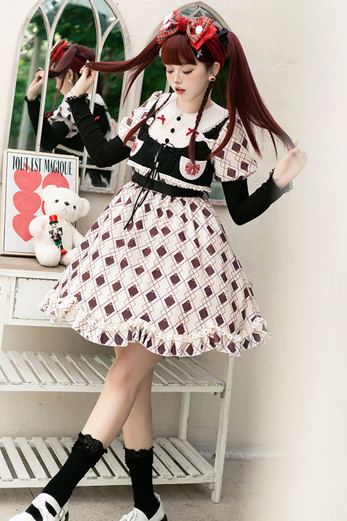 Pink Plaid OP Dress with Bubble Sleeves and Vest