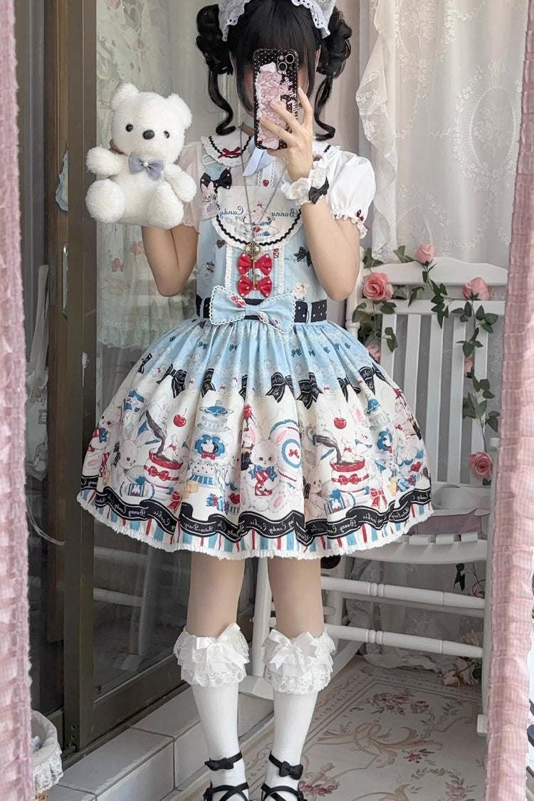 Sleeveless Print Bowknot Lace Sweet Lolita Strap Dress Blue