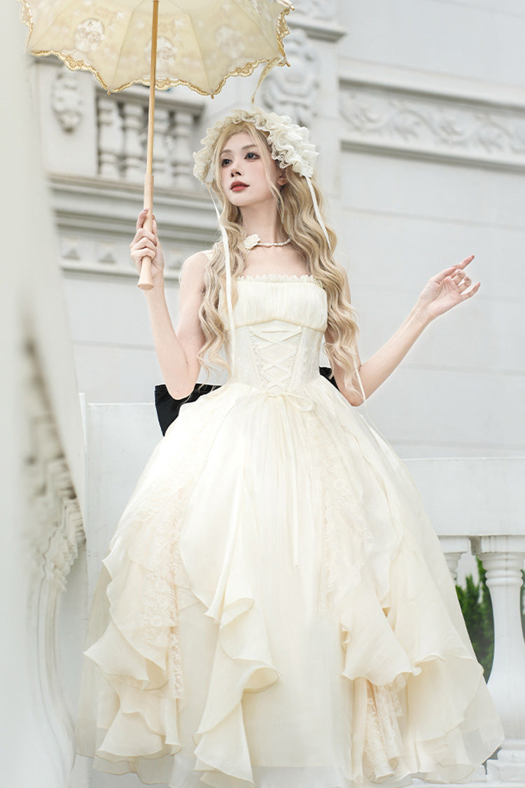 Cream Moonlight Variations Sleeveless Lace-Up Frilled Sweet Lolita Long JSK Dress